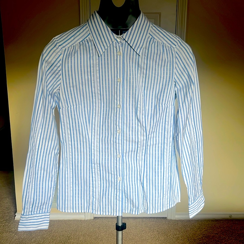 Lindex Women’s white & blue striped cotton shirt, Size S (36)